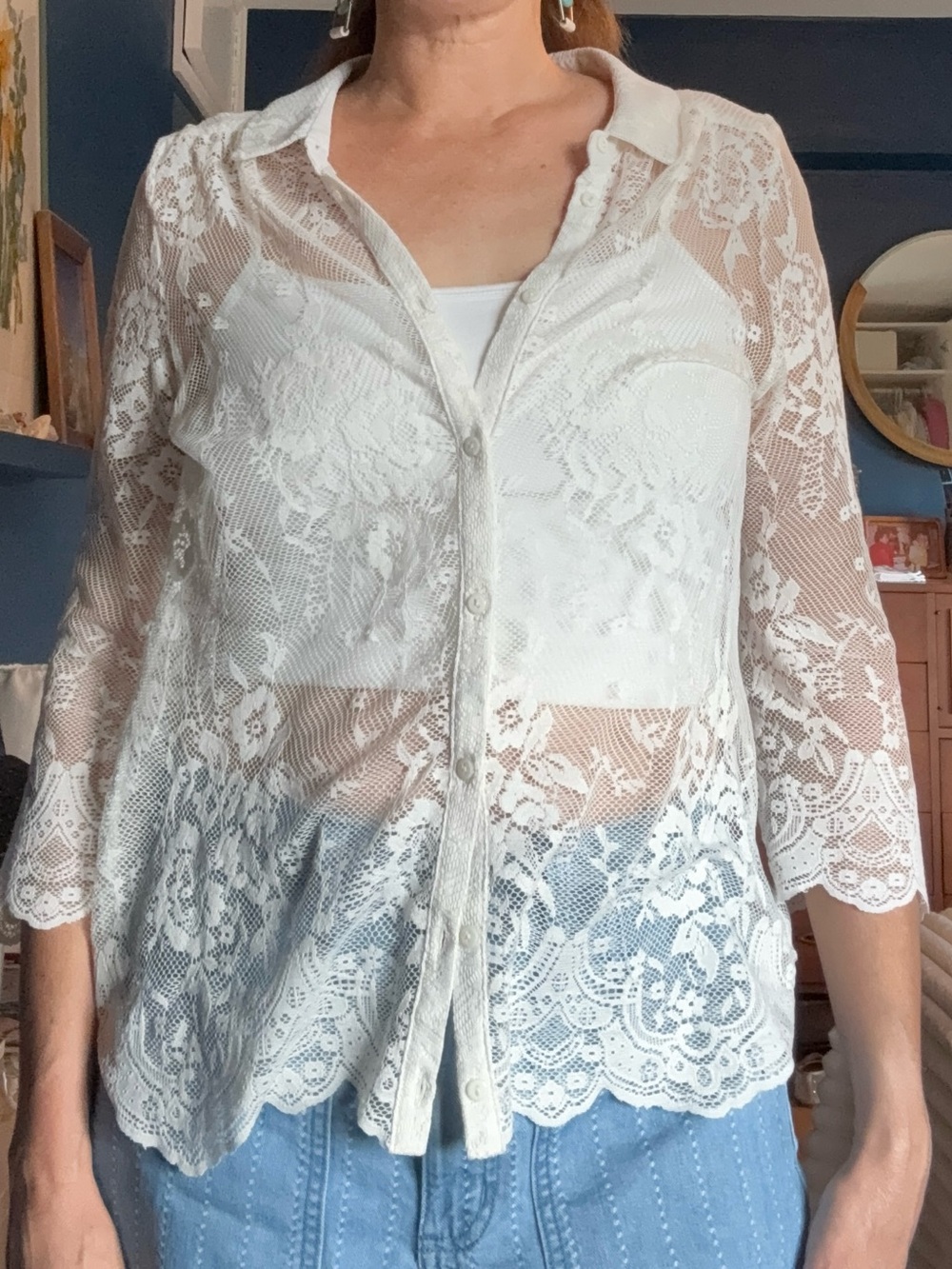 Wallis White Lace Button-Down Blouse
